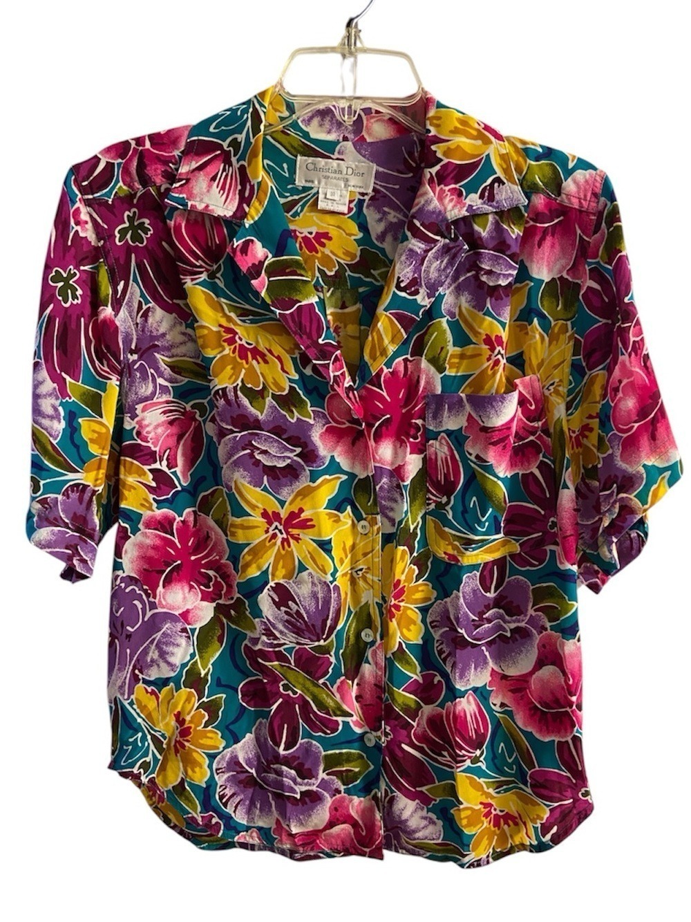 Christian Dior Floral Short Sleeve Button Front Blouse Top Size 10